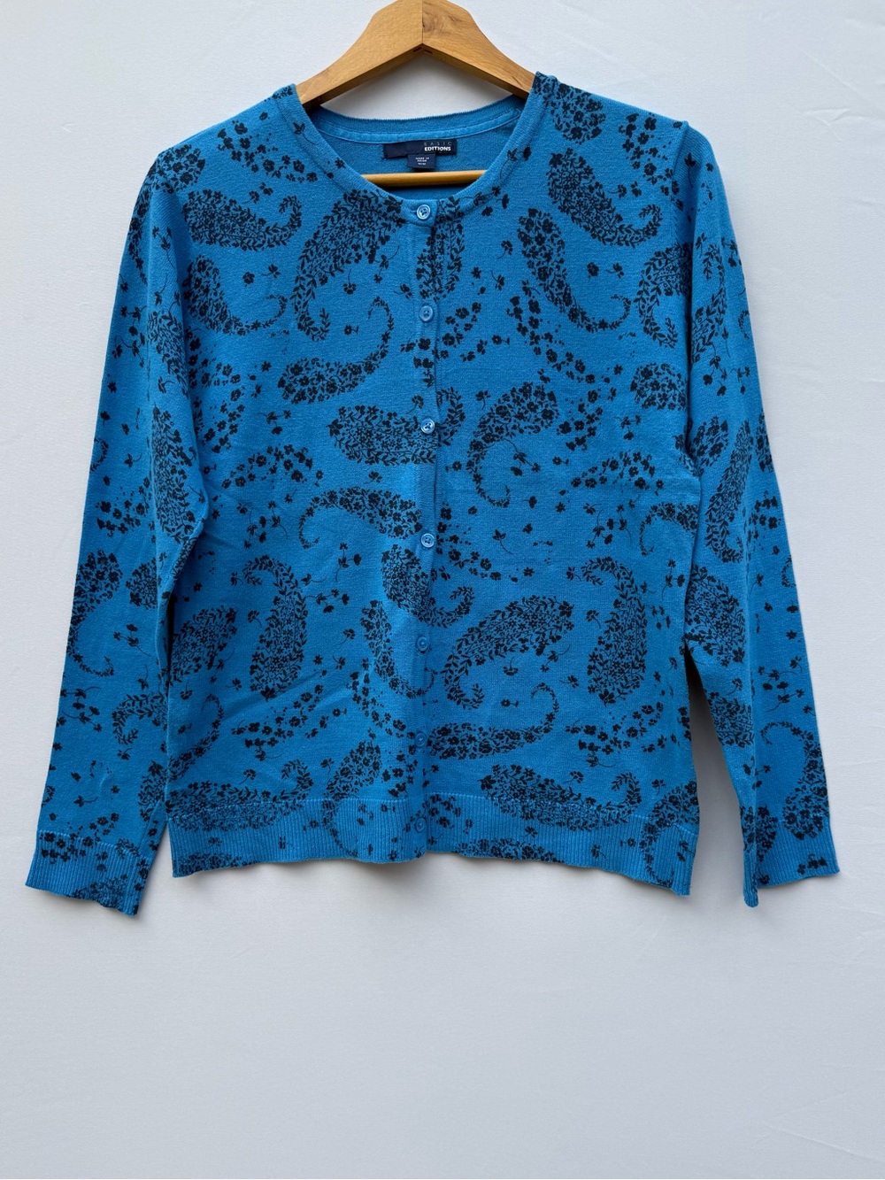 Basic Editions Blue Paisley Floral Print Cotton Cardigan Sweater Medium